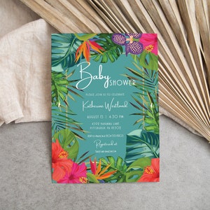 Editable Floral Tropical Baby Shower Invitation Summer Baby Shower Invite Hawaiian Luau Baby Shower Teal Tropical Invitation Template