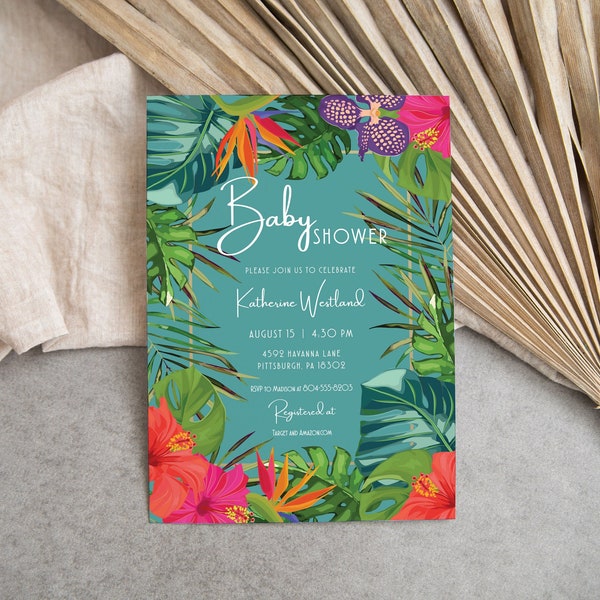 EDITABLE Floral Tropical Baby Shower Invitation Summer Baby Shower Invite Hawaiian Luau Baby Shower Teal Tropical Invitation Template