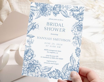 Vintage Floral Bridal Shower Invitation: Blue Chinoiserie (Editable Template)