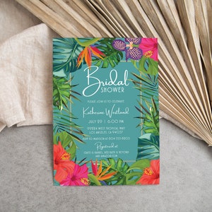 Modèle d'invitation tropical floral sarcelle d'invitation de douche nuptiale modifiable pour la douche nuptiale d'été image 1