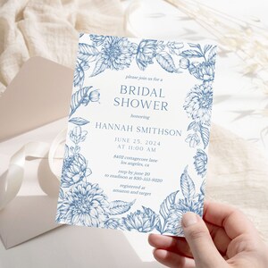Editable Vintage Floral Bridal Shower Invitation Chinoiserie Dusty Blue Wedding Shower Invite Toile Something Blue Bridal Invite Template