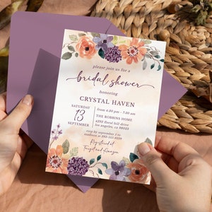 Convite editável para chá de panela laranja roxo convite floral roxo para chá de panela modelo de convite floral de outono com ferrugem ameixa