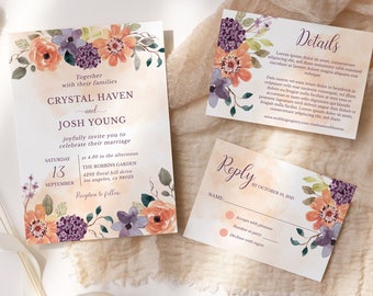 Purple Floral Wedding Invitation Set: Plum Rust Fall Party (Editable Template)