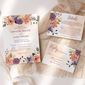 Editable Orange Purple Wedding Invitation Set Purple Floral Wedding Invite Plum Rust Floral Invitation Wedding Fall Invitation Template