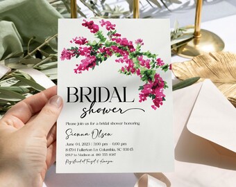 Pink Floral Bridal Shower Invitation Bougainvillea Spring Tropical Summer Wedding (Editable Template)