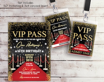 EDITABLE VIP Pass Birthday Invitation Lanyard Insert Set Hollywood Birthday Invite Red Carpet Sweet 16 Hollywood Party Quinceanera Template