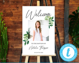 EDITABLE Modern Greenery Baptism Welcome Sign 24x36 Greenery Baptism Welcome Poster LDS Baptism Christening Welcome Sign Template