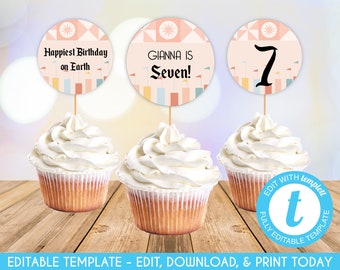 Vintage Theme Park Cupcake Toppers: Retro Pink Birthday Decor (Editable Template)