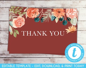 EDITABLE Fall Floral Wedding Thank You Card Autumn Floral Wedding Thank You Card Rust Teal Flowers Rustic Wedding Template RTFF1