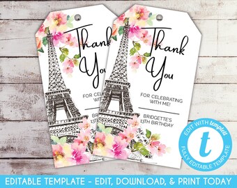 Paris Birthday Party Favor Tag: Eiffel Tower Floral Thank You (Editable Template)