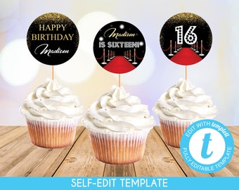 EDITABLE VIP Pass Hollywood Cupcake Toppers Red Carpet Party Decorations Hollywood Birthday Cupcake Toppers Template