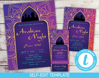 Editable Arabian Nights Prom Invitation Set School Dance Flyer Prom Tickets Homecoming Moroccan Indian Bollywood Fundraiser Template