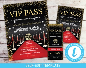 Editable VIP Pass Prom Invitation Set School Dance Flyer Invitation Prom Tickets Homecoming Hollywood Prom Invitation Red Carpet Prom