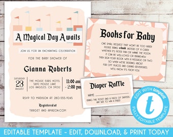 Editable Vintage Theme Park Baby Shower Invitation Set Retro Theme Park Baby Shower Invite Retro Pink Baby Shower Invitation Template