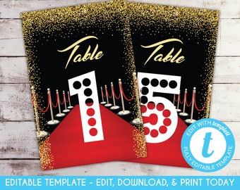 Hollywood Red Carpet Table Number Card: Birthday Party Decor (Editable Template)