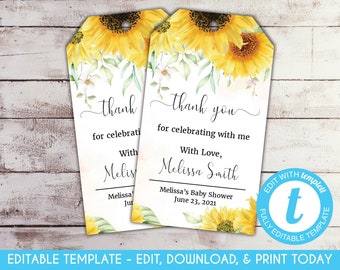 EDITABLE Sunflower Baby Shower Thank You Tags Sunflower Party Favor Tags Summer Floral Baby Shower Gift Tags Yellow Floral Blush