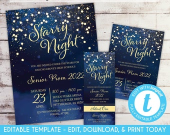 Editable Starry Night Prom Invitation Set School Dance Flyer Invitation Prom Tickets Homecoming Starry Night Invitation Under the Stars