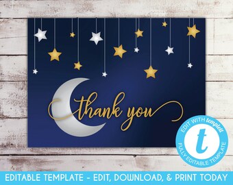 EDITABLE Twinkle Twinkle Little Star Baby Shower Thank You Card Navy and Gold Stars Baby Shower Stars Thank You Card Template