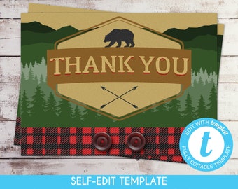 EDITABLE Lumberjack Baby Shower Thank You Card Buffalo Plaid Rustic Thank You Card Woodland Baby Shower Invitation Template