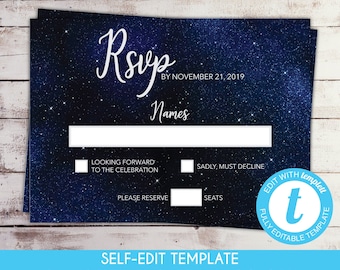 EDITABLE Starry Night RSVP Card Sweet Sixteen Birthday Invitation Constellation Celestial Invitation Navy Blue Under the Stars Template