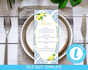 Lemon Bridal Shower Dinner Menu: Blue Tile Citrus Wedding Bar Drink Sign (Editable Template)