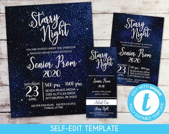 Editable Starry Night Prom Invitation Set School Dance Flyer Invitation Prom Tickets Homecoming Starry Night Invitation Under the Stars