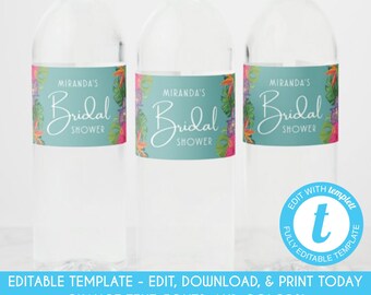 Etiquetas para botellas de agua con temática tropical verde azulado para despedida de soltera (plantilla editable)