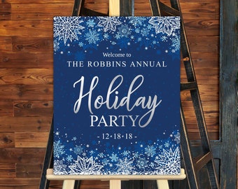 EDITABLE Elegant Holiday Party Welcome Sign 24x36 Blue Snowflake Holiday Party Welcome Poster Company Christmas Party Welcome Sign Template