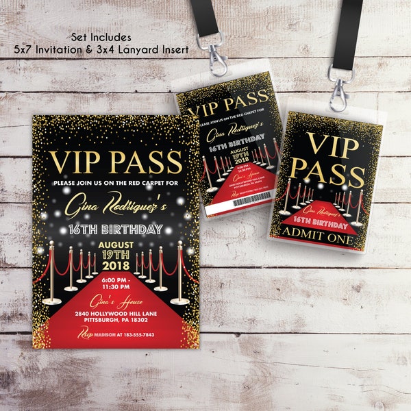 EDITABLE VIP Pass Birthday Invitation Lanyard Insert Set Hollywood Birthday Invite Red Carpet Sweet 16 Hollywood Party Quinceanera Template