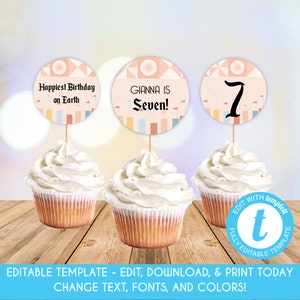 Editable Vintage Theme Park Cupcake Toppers Retro Theme Park Party Decorations Birthday Cupcake Toppers Pink Birthday Decor Template