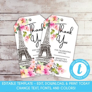 Editable Paris Party Favor Tag Paris Birthday Favor Tag Parisian Bridal Shower Thank You Tag Eiffel Tower Floral Paris Gift Tag Template