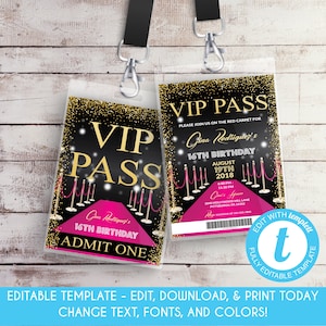 EDITABLE VIP Pass Birthday Invitation Lanyard Insert Hollywood Birthday Invite Pink Carpet Sweet 16 Invitation Hollywood Party Template