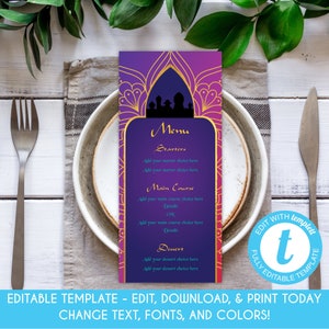 Menu modificabile per la cena delle Mille e una notte, menu marocchino per i dolci 16, menu indiano per la festa nuziale, modello per il menu di cibo e bevande per il compleanno di Aladino