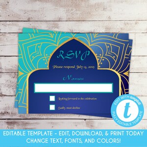 Bewerkbare Arabian Nights RSVP-kaart Marokkaanse Sweet 16 Indiase bruids douche uitnodiging Aladdin verjaardagsuitnodiging groenblauw blauw sjabloon