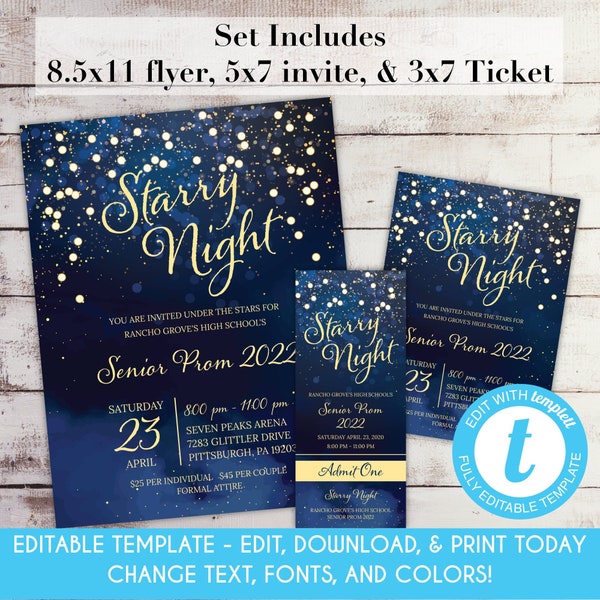 EDITABLE Starry Night Prom Invitation Set School Dance Flyer Invitation Prom Tickets Homecoming Starry Night Invitation Under the Stars