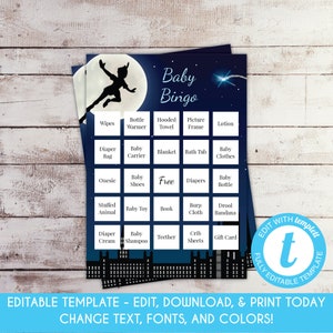 Editable Baby Shower Bingo Cards Peter Pan Baby Shower Baby Bingo Game ...