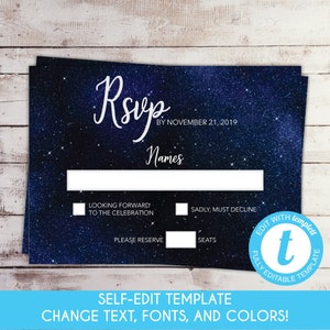 Bewerkbare Starry Night RSVP-kaart Sweet Sixteen verjaardagsuitnodiging sterrenbeeld hemelse uitnodiging marineblauw sjabloon onder de sterren