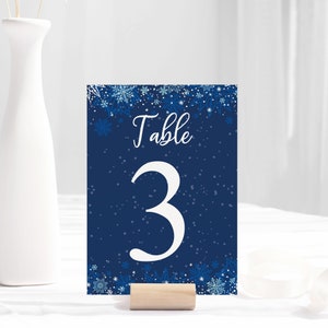 EDITABLE Elegant Holiday Party Table Number Card Blue Snowflake Company Christmas Party Table Number Winter Wonderland Table Number Template