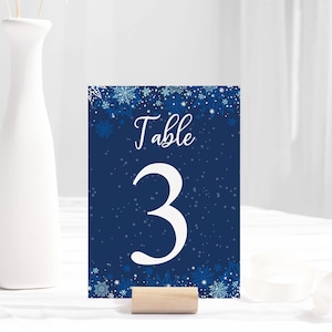 Editable Elegant Holiday Party Table Number Card Blue Snowflake Company Christmas Party Table Number Winter Wonderland Table Number Template