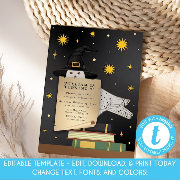 EDITABLE Snowy Owl School of Wizardry and Magic Birthday Invitation Witch and Wizard Birthday Party Invite Template