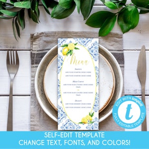 Editable Lemon Dinner Menu Blue Tile Italian Bridal Shower Positano Tuscan Wedding Menu Lemon Citrus Bridal Shower Invitation Template