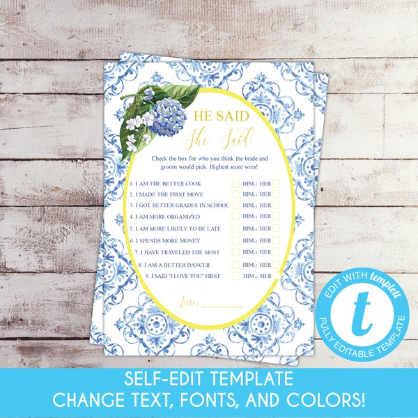 EDITABLE Blue Hydrangeas He Said She Said Bridal Shower Game Bridal Shower Game Blue Tile Bridal Shower French Cottage Blue Floral Template