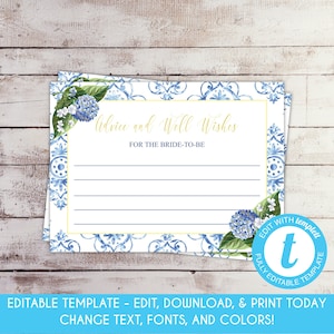 Bearbeitbare Blaue Hortensien Advice Cards Servierkarten für Brautpartys mit Blauen Blumen Französischer Cottage Garden Blaue Blumendusche Spielvorlage