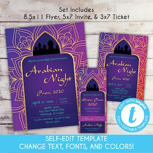 Bearbeitbare arabische Nächte Abschlussball-Einladungs-Set Schultanz-Flyer-Abschlussball-Eintrittskarten Heimkehr Marokkanische indische Bollywood-Spendenaktionsvorlage