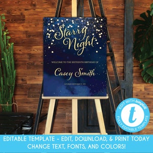 EDITABLE Starry Night Birthday Welcome Sign 24x36 Stars Sweet Sixteen Birthday Decor Celestial Navy Blue Under the Stars Poster Template