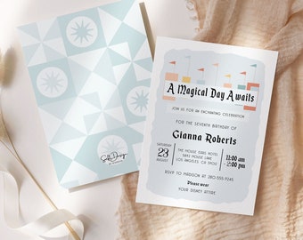 Invitación de cumpleaños de parque temático vintage: cuento de hadas azul retro (plantilla editable)