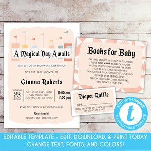 EDITABLE Vintage Theme Park Baby Shower Invitation Set Retro Theme Park Baby Shower Invite Retro Pink Baby Shower Invitation Template