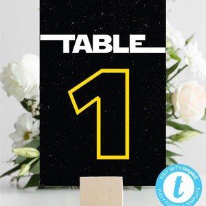 Cartões de números de mesa de casamento editáveis de Star Wars Números de mesa de Star Wars Cartões de mesa de aniversário de Star Wars Modelo de cartões de mesa galácticos