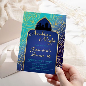 Editable Arabian Nights Birthday Invitation Moroccan Sweet 16 Invite Indian Birthday Invite Aladdin Birthday Invitation Teal Blue Template