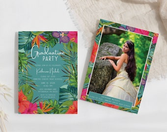 Tropical Luau Floral Graduation Party Invitation (Editable Template)